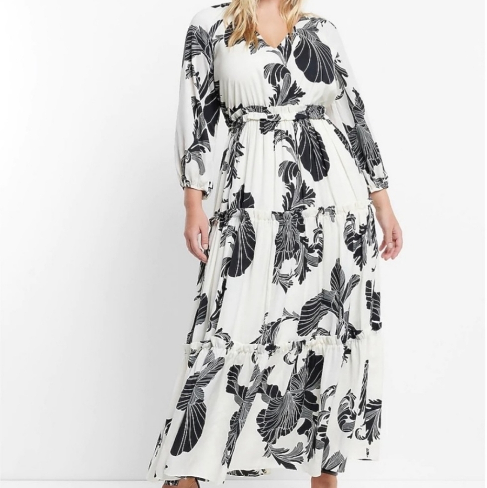 Express White Maxi Dress with Black Floral Print